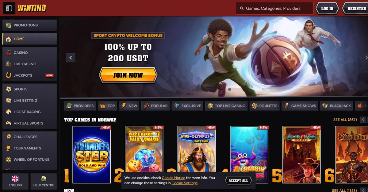 Wintino casino lobby screenshot
